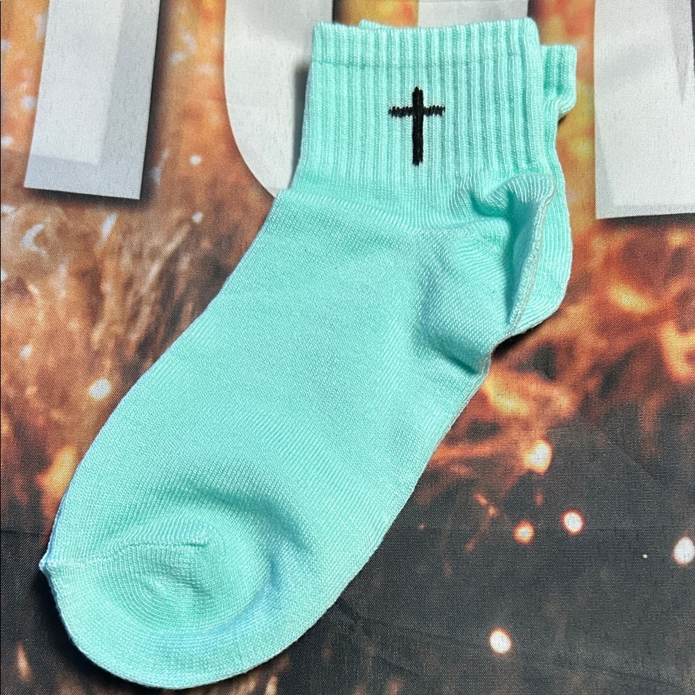 Aqua Blue Ankle Socks with Cross Design